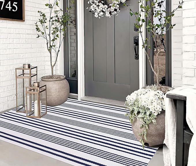 BUAGETUP Blue and White Outdoor Rug 3'x 5' Hand-Woven Cotton Washable Rug Striped Front Porch Rug Indoor/Outdoor Area Rug Floor Mat for Farmhouse/Layered Door Mats/Living Room