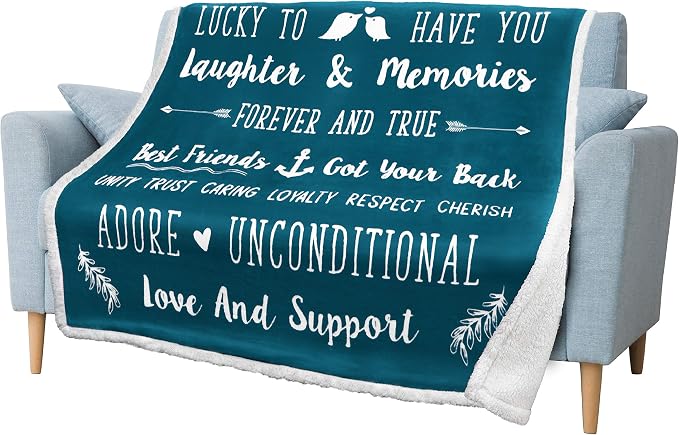 PAVILIA Best Friend Blanket - Friendship Gifts for Women, Soul Sister & Long Distance Bestie Gift, Soft Cozy Sherpa Throw with Sentimental Quotes, BFF Birthday Gift Idea, Teal Sea Blue