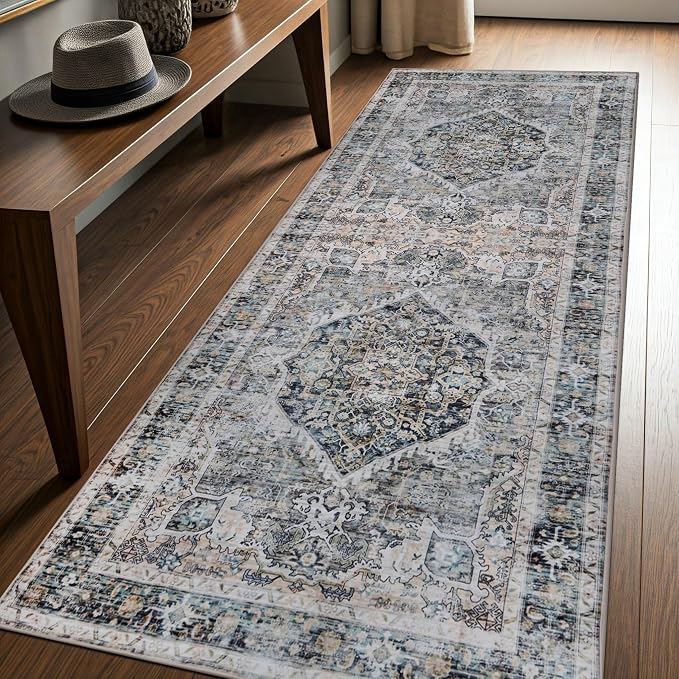 Machine Washable Area Rug, Soft & Durable, Non-Slip, Stain Resistant Rug for Bedroom, Living Room, Dining Room, High Traffic Areas. (Soft Gray Blue, 2.5' X 10')