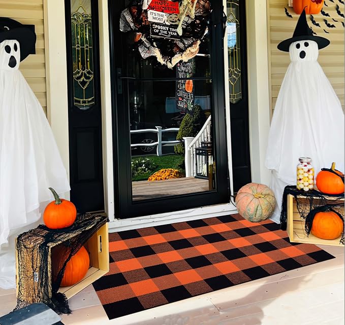 Orange and Black Door Mat Outdoor 27.5''x 43.3''Fall Layered Doormat Woven Washable Farmhouse Front Porch Rug for Hallween Mat,Entryway,Bedroom,Patio