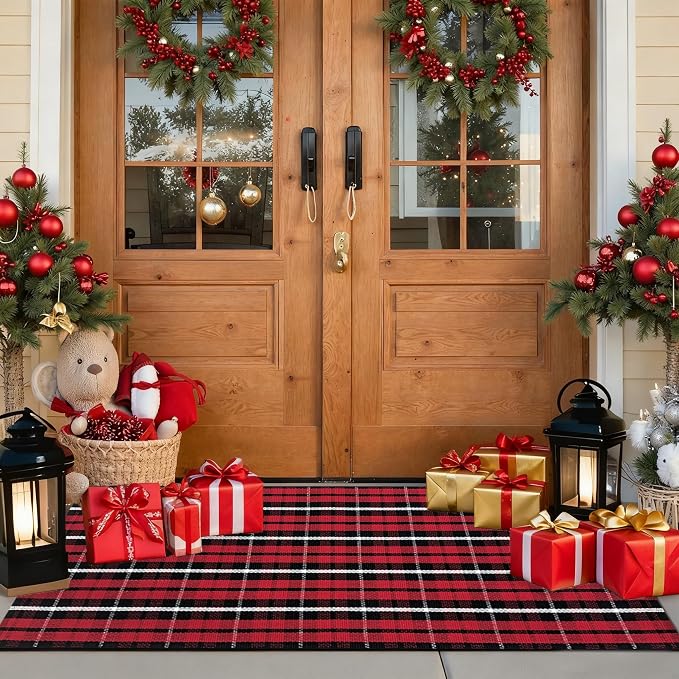 USTIDE Buffalo Plaid Cotton Handwoven Rug 2' x 4'3" Machine Washable Layered Front Porch Rug Red Black Checkered Farmhouse Entryway Mat Indoor Outdoor Door Mat for Patio Porch Christmas Holiday Decor
