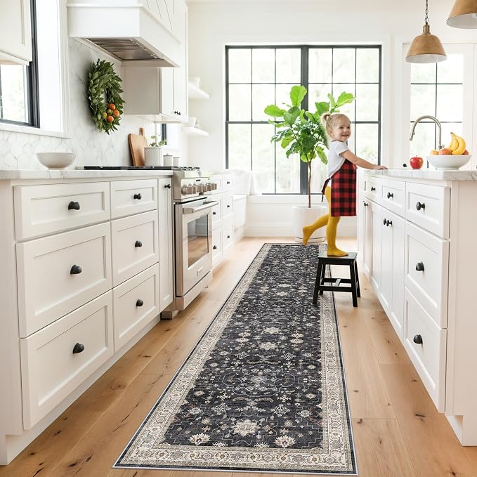 Hallway Washable 2'6x12 Runner Rug - Vintage Kitchen Rugs Non-Slip Soft Thin Farmhouse Carpet for Entryway Low Pile Indoor Floor Decor Mat for Bathroom Living Room Bedroom (Black/Multi,2'6"x12')