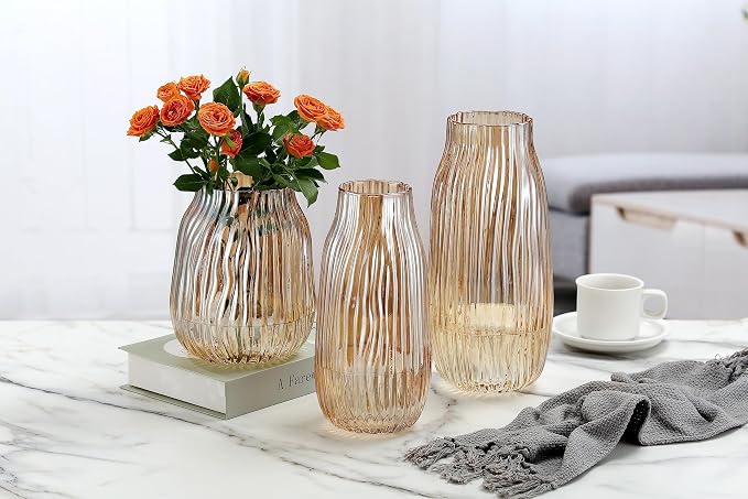 Large Amber Glass Vase for Home Decor Ribbed Tall Gold Floor Vase 8.0" Decorative Vases for Table Centerpieces Flowers Decor and Farmhouse(Brown 8.0in)