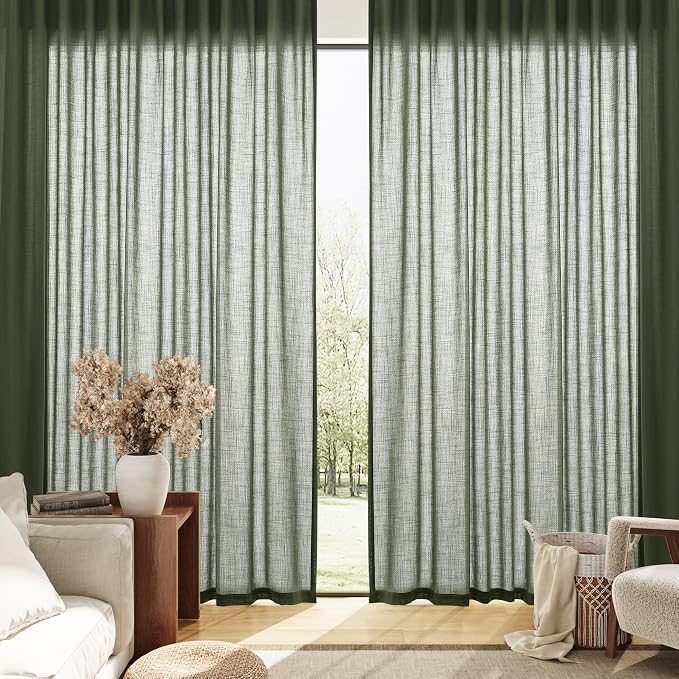Linen Curtains 96 Inches Long for Living Room Back Tab Semi Sheer Floor to Ceiling 8ft Light Filtering Curtain Boho Farmhouse Decor Window Drapes for Bedroom 52x96 2 Panels Olive Green
