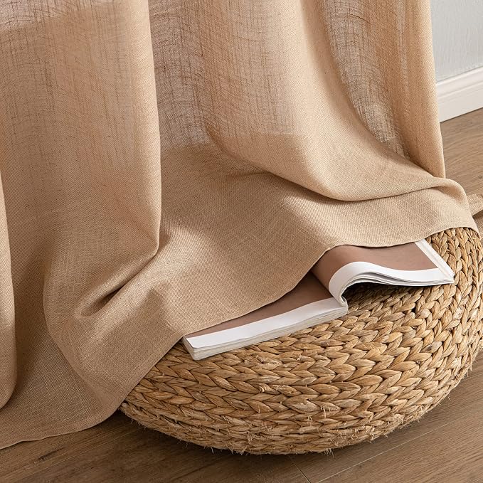 MIULEE Light Brown Short Linen Curtains 52x45 Inch Long 2 Panel for Kitchen | Bedroom Bathroom, Soft Thick Linen Textured Basement Window Drapes, Semi Sheer Light Filtering, Back Tab, Burlap Look Decor
