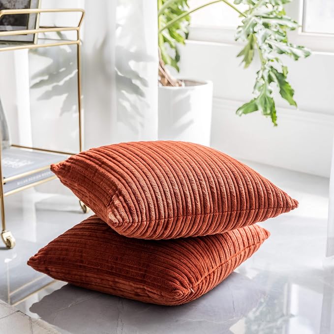 Kevin Textile Striped Corduroy 20”x20” Pillow Covers 2 Pack, Burnt Brick