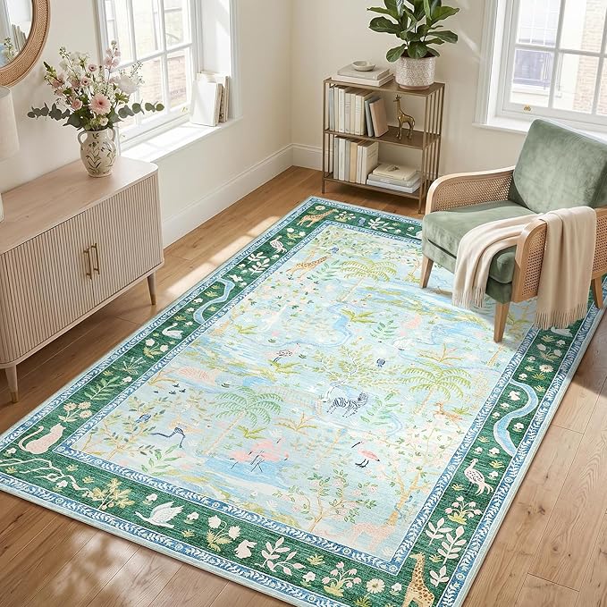 8x10 Washable Rug for Living Room Blue Animal Print Large Bedroom Rugs Non Slip Forest Nursery Girls Room Throw Carpet Stain Resistant Whimsical Safari Area Rugs for Home Office, Teal/Blue