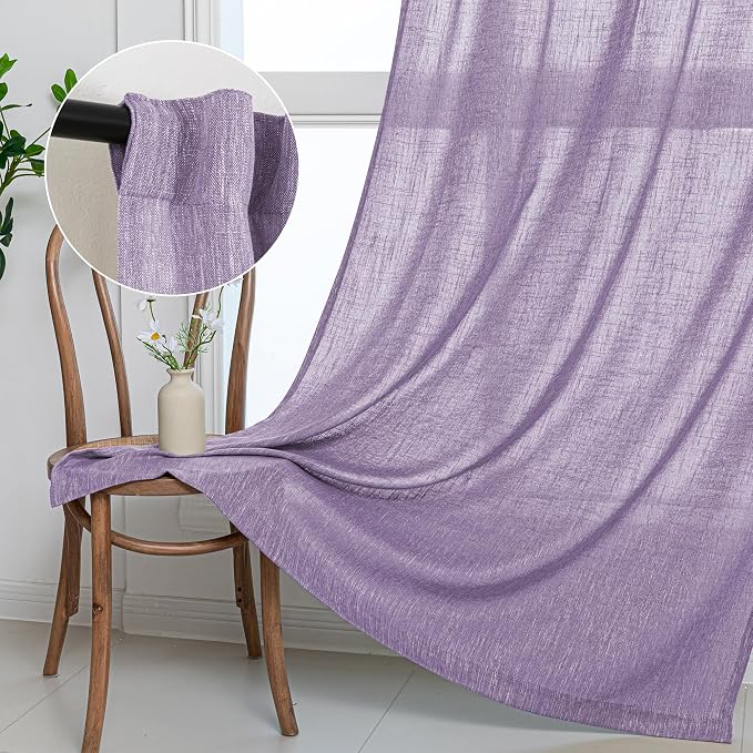 MYSKY HOME Boho Curtains 90 Inch Long Farmhouse Living Room Curtain Drapes, Soft Light Filtering Semi Sheer Window Treatments for Sliding Glass Door Doorways Back Tab, 50" x 90", Purple, Set of 2