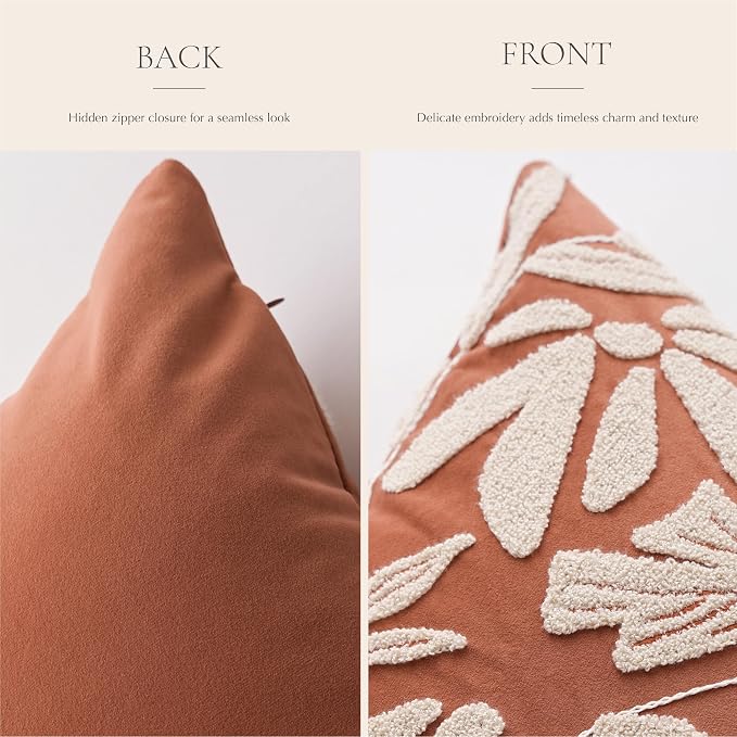 BlissBlush Throw Pillow Cover 20x20 Inch, Rust Terracotta Floral Tufted Velvet Decorative Accent Pillow Case for Sofa Bed Living Room, Cover Only