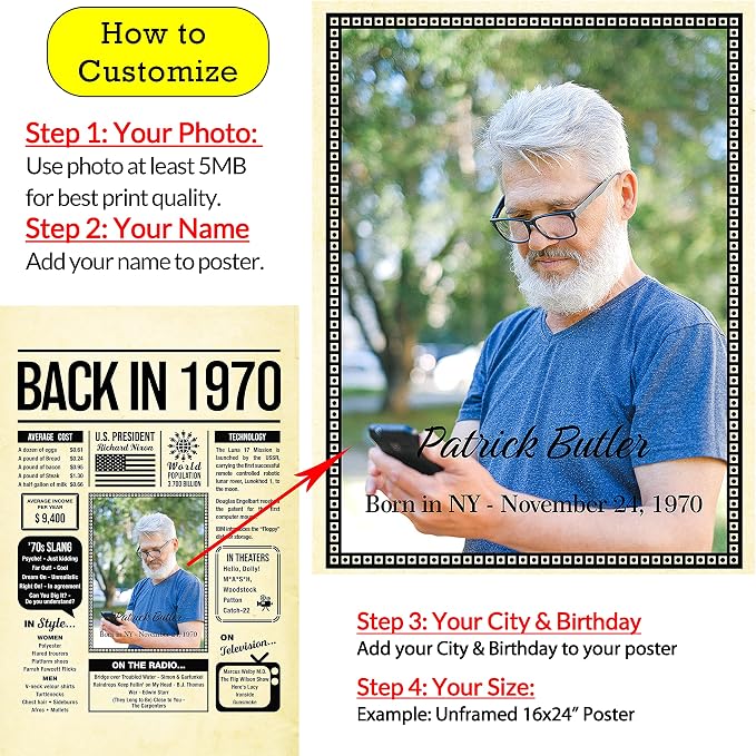 Personalized 55 year old birthday gifts - Back in 1970 Poster - Centerpiece Table Decorations 55th Birthday Party - Custom Born in 1970 Newspaper Vintage Poster for Men, Women