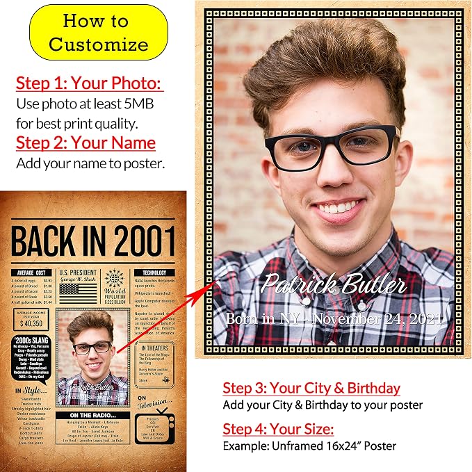Back in 2001 Poster Sign, Personalized Birthday Gifts Idea, Custom 2001 Historical Birthday Newspaper, Born in 2001 Birthday Party Decorations, Fun Fact for the Day You Were Born, Decor Art Print