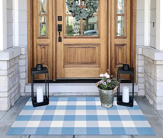 Blue and White Layered Doormat 27.5''x 43.3''Buffalo Plaid Outdoor Rug Cotton Woven Washable Farmhouse Door Mats Outdoor for Hello/Welcome Mat,Entryway,Bedroom,Patio