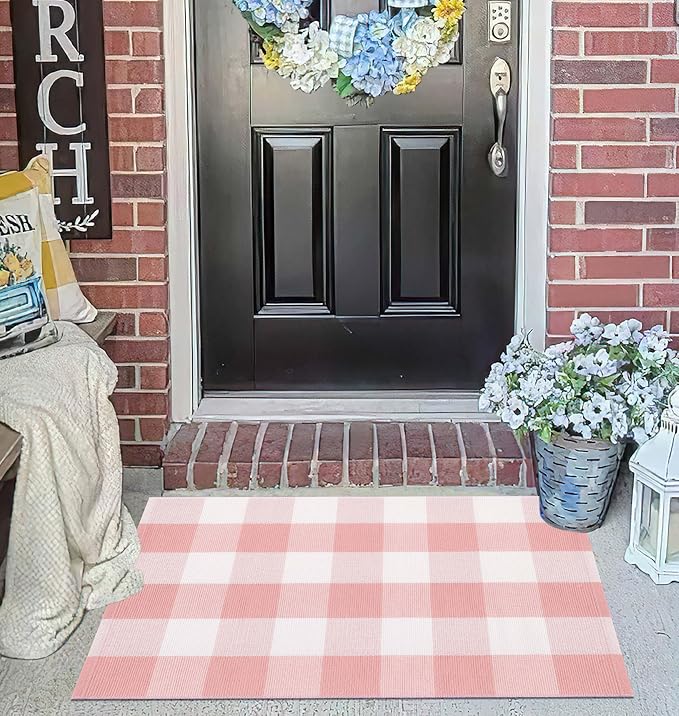 Pink and White Outdoor Rug 24''x35'' Buffalo Plaid Porch Mat Cotton Woven Machine Washable Carpet for Layered Doormat Hello/Welcome Door Mat,Kitchen,Farmhouse,Entryway