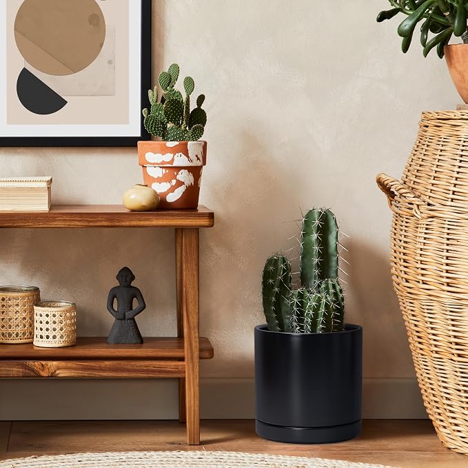 D'vine Dev 8.2 Inch Ceramic Planter Pot, Black, 94-O-D-2 | Modern Cylinder Design, Drainage Hole & Saucer Included, Stable Structure, Elegant Home Accent