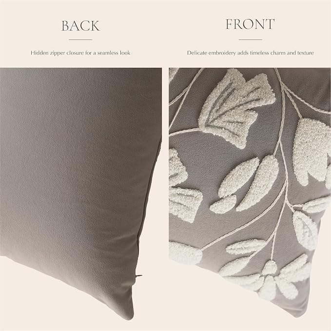 BlissBlush Throw Pillow Cover 20x20 Inch, Light Gray Floral Tufted Velvet Decorative Accent Pillow Case for Sofa Bed Living Room, Cover Only