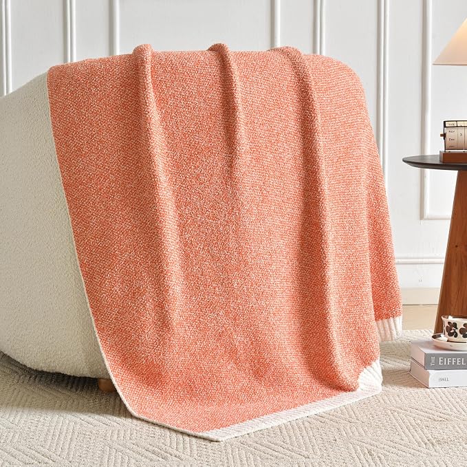 Chunky Knit Boucle Throw Blanket, Soft Washable Coastal Blanket for Bed Couch, Lightweight Cozy Oversized Feather Knit Blanket Indoor Outdoor for Sofa (Orange, Twin 60"x80")