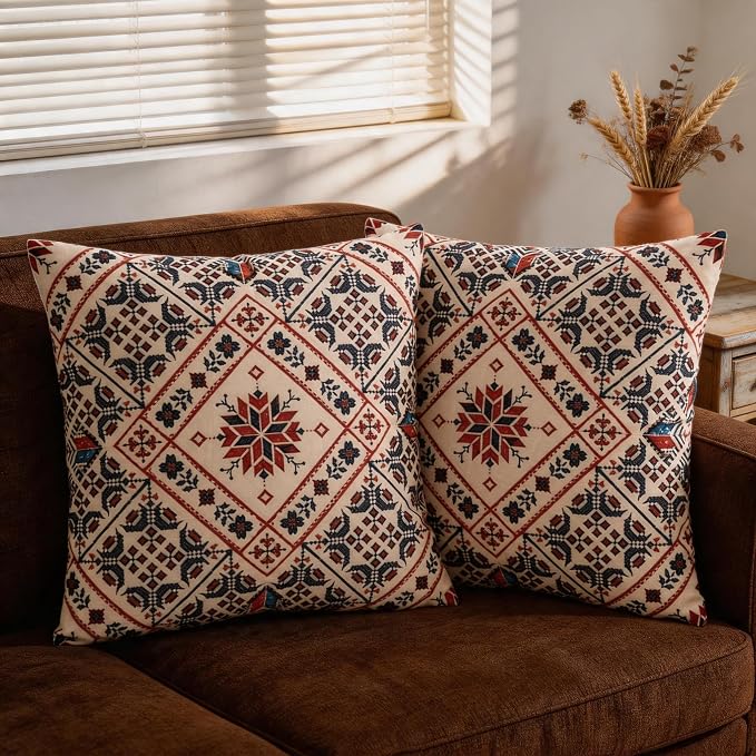 Boho Throw Pillow Covers 18x18 Set of 2 Red Blue Rustic Geometric Decorative Cushion Covers with Hidden Zipper, Soft Polyester Double Sided Machine Washable, No Insert