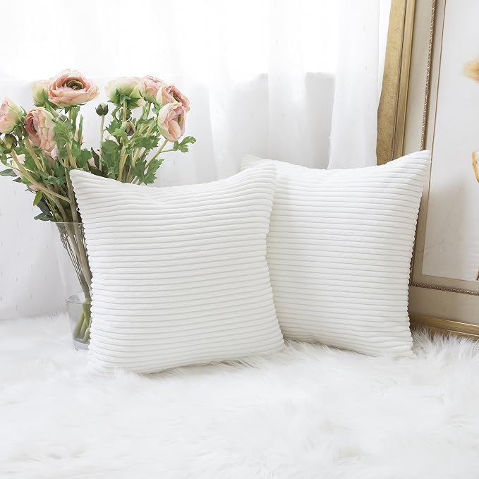 Home Brilliant Set of 2 Decorative Pillows for Couch Pillow Protectors for Sofa, Stripes Velvet, 55x55 cm, 22 x 22 Inch, Pure White