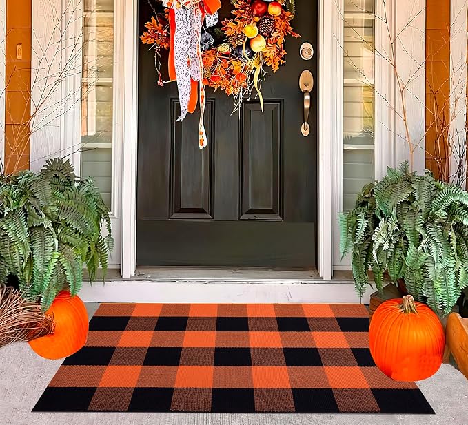 Fall Layered Doormat 24''x35'' Orange and Black Farmhouse Porch Mat Cotton Woven Washable Outdoor Rug for Layering Rug,Fall,Halloween,Kitchen,Farmhouse,Entryway