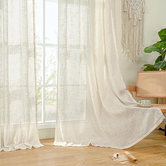 38 Inch Width Semi Sheer Linen Curtains 2 Panels, 38 x 84 Inch | Cream Ivory, Light Filtering Panels, Neutral Boho, Curtains for Living Room, Bedroom, Farmhouse, Bronze Grommet Drapes