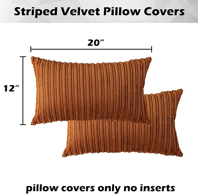 Kevin Textile Striped Corduroy 12”x20” Pillow Covers 2 Pack, Brown