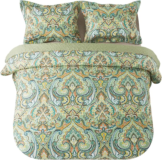 NEWLAKE Cotton Bedspread Quilt Sets-Reversible Patchwork Coverlet Set, European Green Floral Pattern, King Size