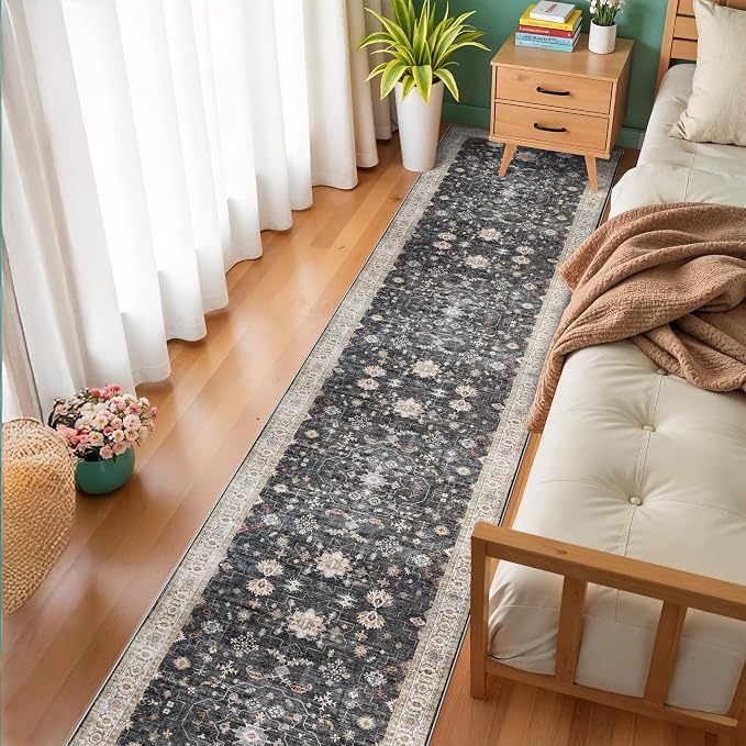 Washable Kitchen 2x10 Runner Rug: Non-Slip Hallway Rugs Vintage Low Pile Soft Thin Carpet for Bedroom Entryway Stain Resistant Easy-Clean Home Decor Gifts for Housholds/Newlyweds(Black/Multi,2x10)