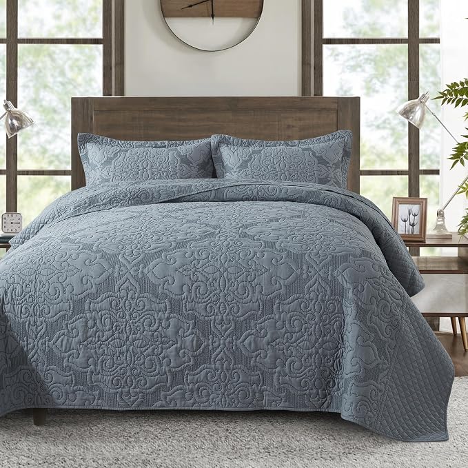 NEWLAKE Reversible Quilt Bedspread Embroidered Microfiber Coverlet Set,Jacquard Embossed Floral,Grey, King Size