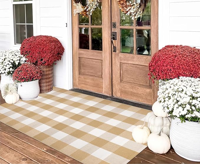 3' x 5' Outdoor Rug, Checkered Washable Rug Khaki and White Front Porch Rug Washable Front Door Mat Outdoor for Hello Welcome Mat, Bedroom, Entryway, Patio