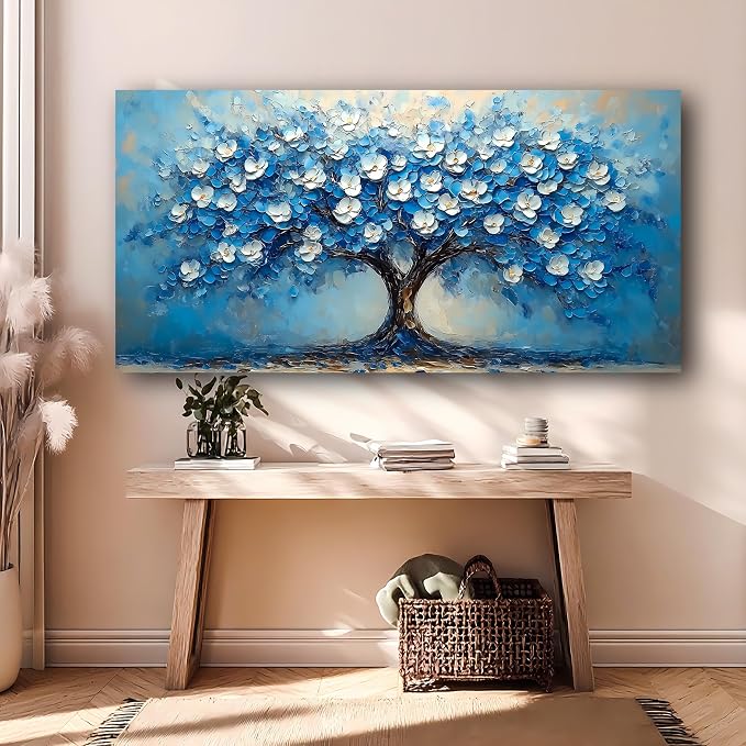 Abstract Wall Art Canvas Print Tree of Life Painting Blue Bathroom Decor Paintings Modern Style Living Room Bedroom Office Home Kitchen Decor Nature Landscape Artwork Wooden Frame 20x40 inches