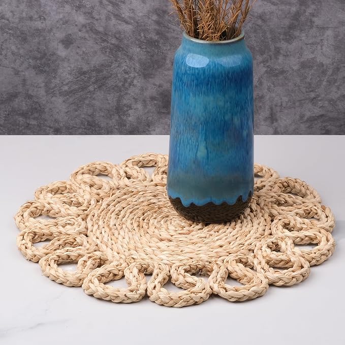 13.8" Corn Husk Woven Round Placemats Set of 6 - Wicker Boho Farmhouse Placemats - Rattan Table Mats Like Water Hyacinth for Dining Table, Wedding, Home