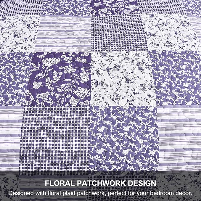Mybedsoul Boho Quilts Queen Size, Patchwork Reversible Bedding Set, Purple | Soft Lightweight Microfiber Floral Coverlet Set, 3 Pieces Plaid Reversible Bedspread, Bed Sets for All Seasons 90"x96"