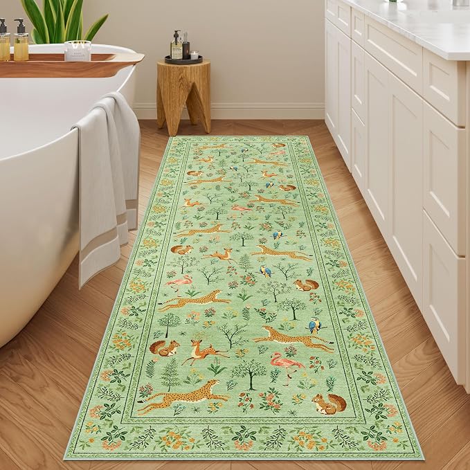 DUKINO 2.6x8 Rug for Hallway, Washable Kitchen Rugs Non Slip, Light Green | Low Pile, Stain Resistant, Soft Animal Indoor Carpet Runner for Entryway, Bedroom, Bathroom, Laundry, Lightweight, Home Decor