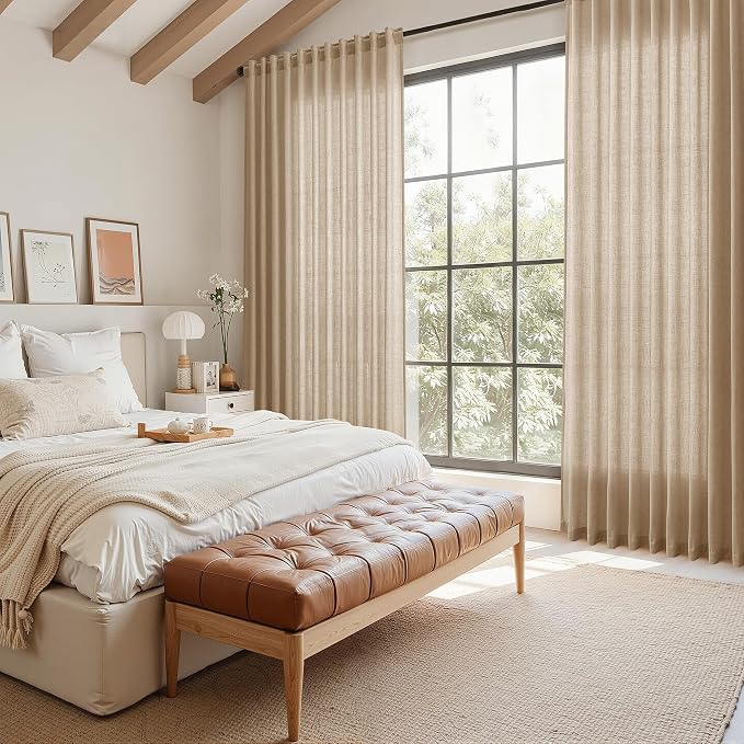 Sand Beige Curtains 102 Inches Long for Living Room Bedroom Linen Light Filtering Simple Modern Curtains Back Tab Privacy Semi Sheer Curtain for Dinner Room Office 52x102, 2 Panels