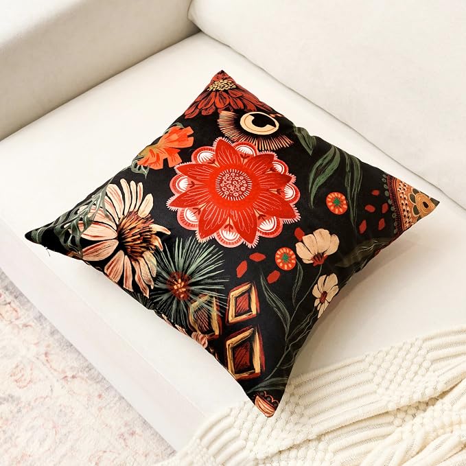 Tyrot Black Red Boho Floral Velvet Throw Pillow Covers 20x20 Inch Set of 2 Vintage Farmhouse Cushion Covers Mid Century Botanical Home Decor Pillow Cases for Couch Bed Sofa Living Room, Bedroom