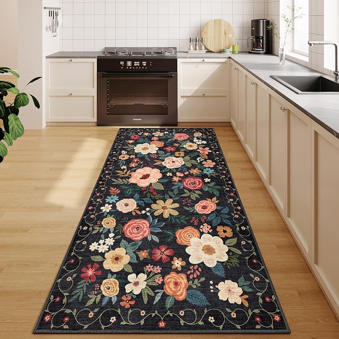 DUKINO 3x6 Runner Rug, Non Slip Floral Washable Rug for Kitchen, Black | Low Pile, Non Shedding, Soft Thin Indoor Rug for Hallway, Bedroom, Bathroom, Entryway, Laundry, Pet Friendly, Home Decor