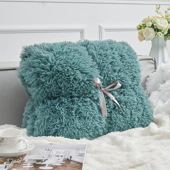 GONAAP Fuzzy Faux Fur Throw Blanket for Couch, Light Teal, 50"x60" | Warm Cozy Plush Shaggy Decorative Reversible Thick Non-Heated Fleece Blanket for Sofa Bed, Gift for Women Men, All Season Use