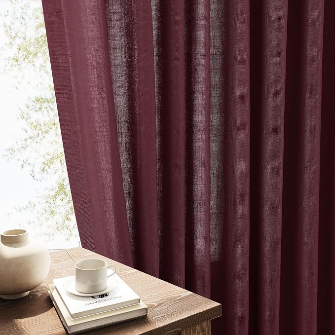Extra Long Linen Curtains 108 Inches for Living Room Back Tab Semi Sheer High Floor to Ceiling 9ft Light Filtering Curtain Boho Farmhouse Decor Window Drapes for Bedroom 2 Panels Burgundy