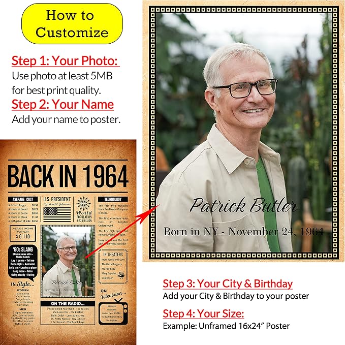Back in 1964 Poster Sign, Personalized Birthday Gifts Idea, Custom 1964 Historical Birthday Newspaper, Born in 1964 Birthday Party Decorations, Fun Fact for the Day You Were Born, Decor Art Print
