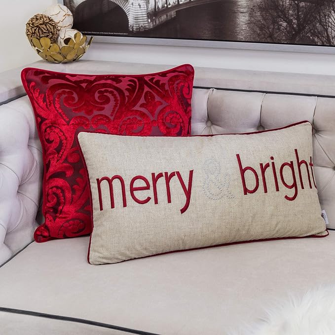 Embroidery Velvet Throw Pillow Cover, Merry Christmas Series (Natural)
