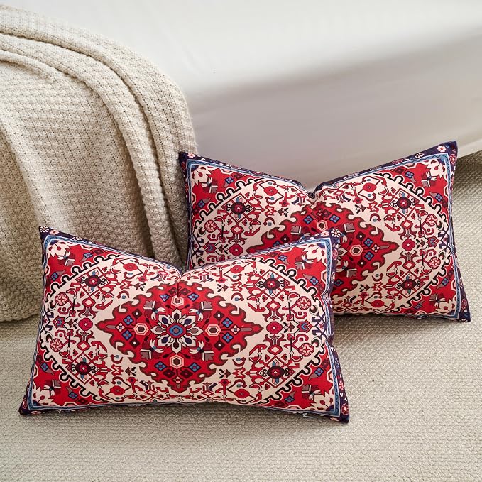 Red Lumbar Throw Pillow Covers 12x20 Inch Set of 2 Washable BOHO Vintage Style Decorative Throw Pillow Cases Soft Velvet Farmhouse Decor Retro Cushion Covers for Couch Sofa Bed Living Room Outdoor