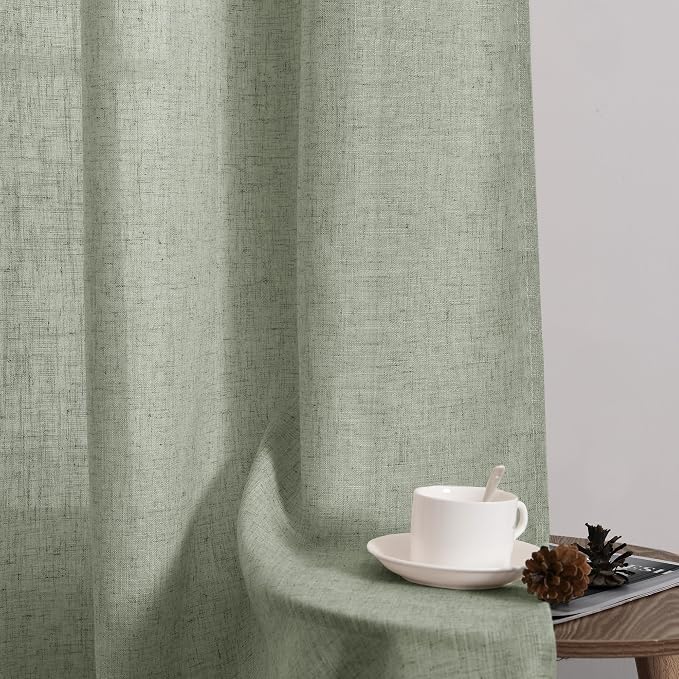 Sage Green Linen Curtains 84 Inch Length for Living Room Bedroom 2 Panels Set Rod Pocket Light Filtering Semi Sheer Window Curtains 52 Inch Width Boho Farmhouse Linen Drapes, W52xL84