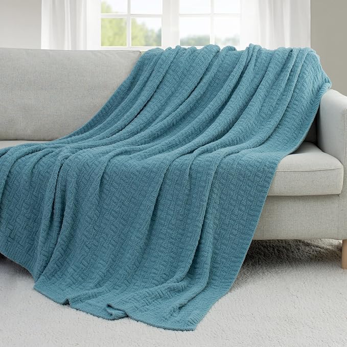 Blue Ultra Soft Knit Throw Blanket for Couch,50"X60" Microfiber Fluffy Cozy Warm Knitted Blankets with Checked Pattern for Sofa Bed