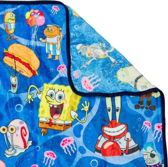 Silver Buffalo Spongebob Squarepants, Patrick, Throw Blanket, 45x60in | Squidward, Mr. Krabs, Sandy, Mermaid Man, Barnacle Boy, Flying Dutchman, Pearl, Bikini Bottom, Soft, Cozy, Fleece, 185 GSM