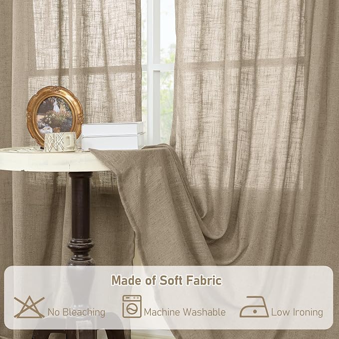102 Inch Taupe Semi Sheer Linen Curtains for Living Room 2 Panels | Light Filtering, Curtains for Bedroom, Sliding Glass Door, Long, Boho Burlap Drapes, Bronze Grommet, 52 x 102 Inch