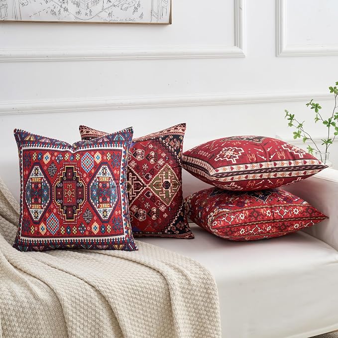 Set of 4 Boho Throw Pillow Covers 18x18 Inch Red Kilim Tribal Decorative Pillow Cases for Couch Bed Living Room Spring Summer Decor