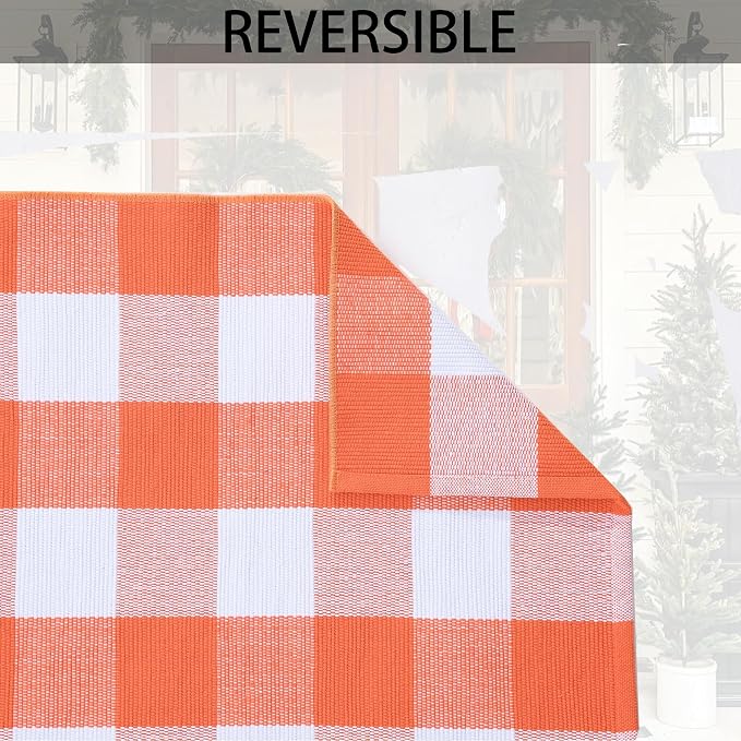 Orange and White Plaid Rug, 3' x 5' Fall Front Door Decor Mat, Cotton Washable Hand-Woven Door Mat for Layered Doormat, Autumn Halloween Thanksgiving Carpet for Porch, Entryway