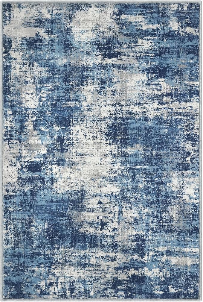 Lansny Abstract Washable Entryway Rug 3x5 Area Rug Non Slip Kitchen Rugs | Blue;Thin Printed Faux Wool Door Mat;Small Rugs;Front Door Rug;Indoor Entry Rug;Rubber Backed Floor Carpet;Throw Rugs