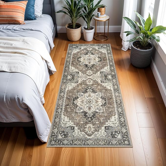 Washable Kitchen Runner Rug 2x6 - Hallway Rugs Low Pile Entryway Carpet Vintage Soft Non-Slip Stain Resistant Indoor Floor Distressed Mat Home Decor for Bedside Bathroom Entrance(Beige/Blue/Grey,2x6)