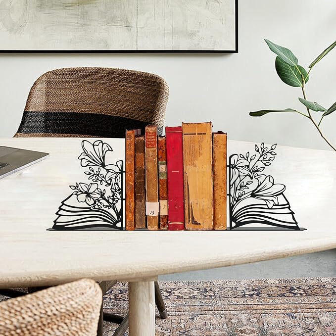 Metal Flower & Book Design Decorative Bookends – Cute Bookends for Shelves | Fun Reading Room Decor for Book Lovers, Black